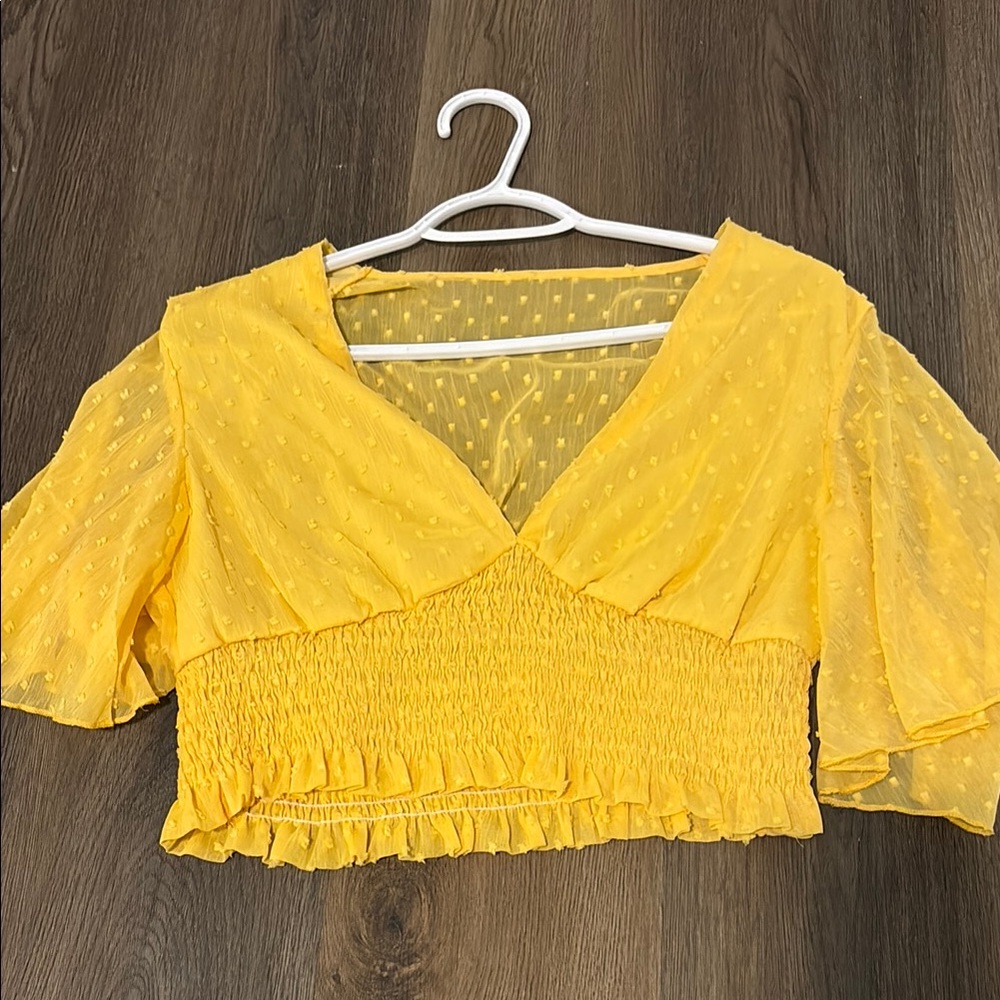 SHEIN Yellow Smocked Crop Blouse with Ruffled Hem